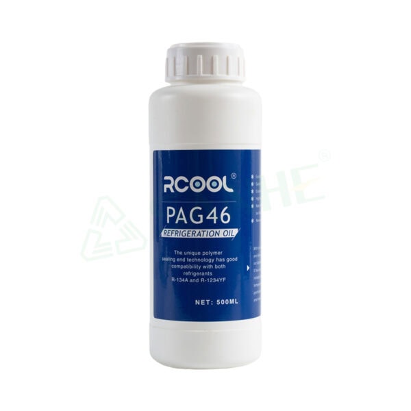 White bottle of RCOOL PAG46 refrigeration oil with blue label, suitable for HVAC systems, 500ml capacity, designed for optimal compressor performance.